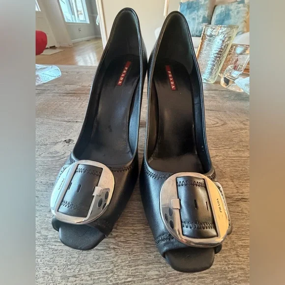 Prada Black Leather Buckle Heels Peep Toe Rare Vintage / EU 41 - Picture 12 of 14